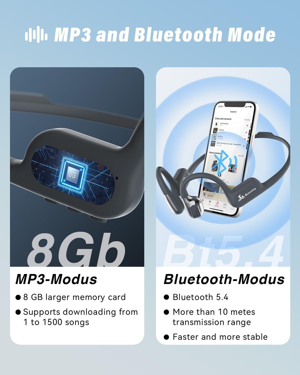 Ein Bild, das den MP3-Modus mit 8 GB Speicher und den Bluetooth 5.4-Modus für Kopfhörer zeigt.