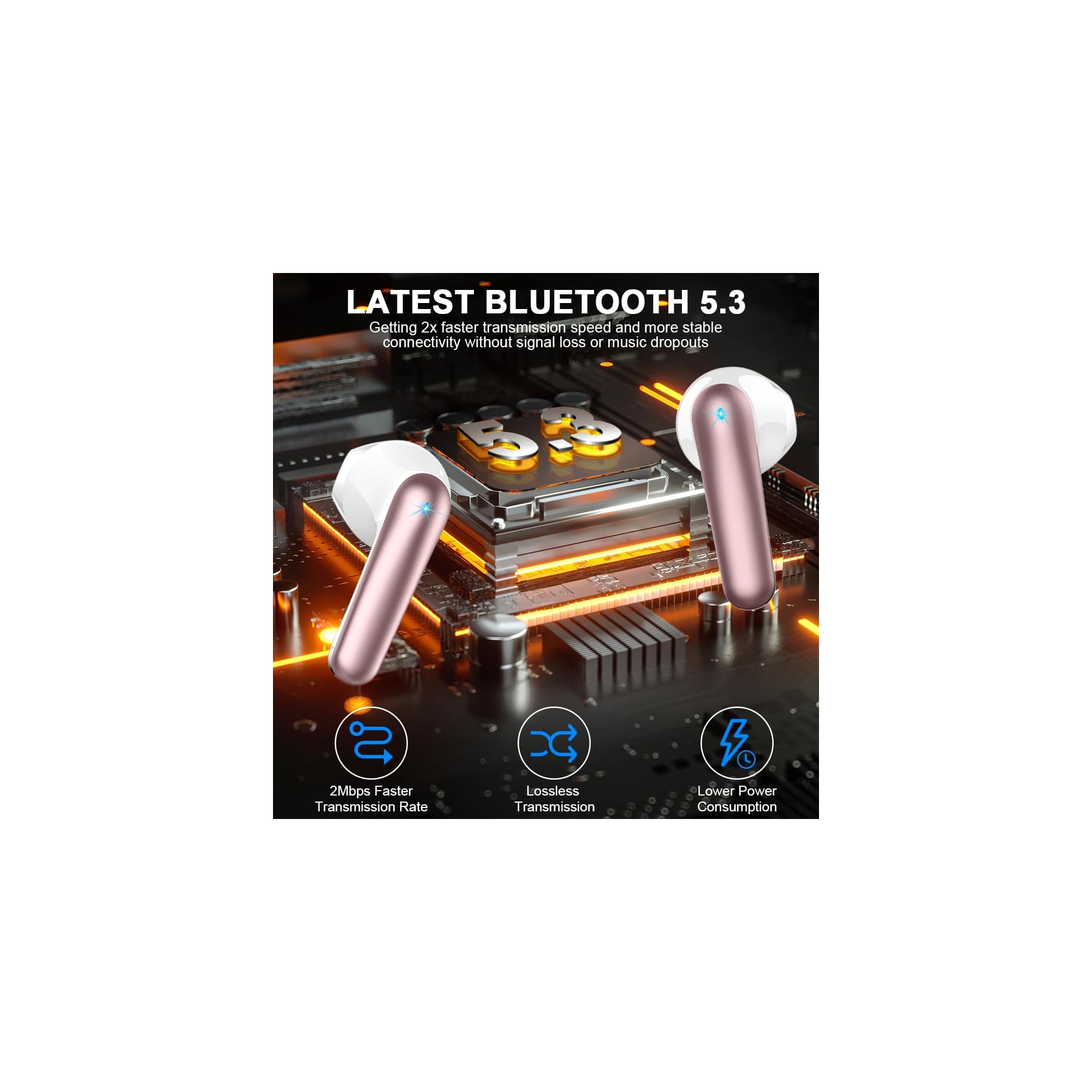 Roségoldene kabellose Ohrhörer auf einer leuchtenden Platine mit Bluetooth 5.3-Funktionen.