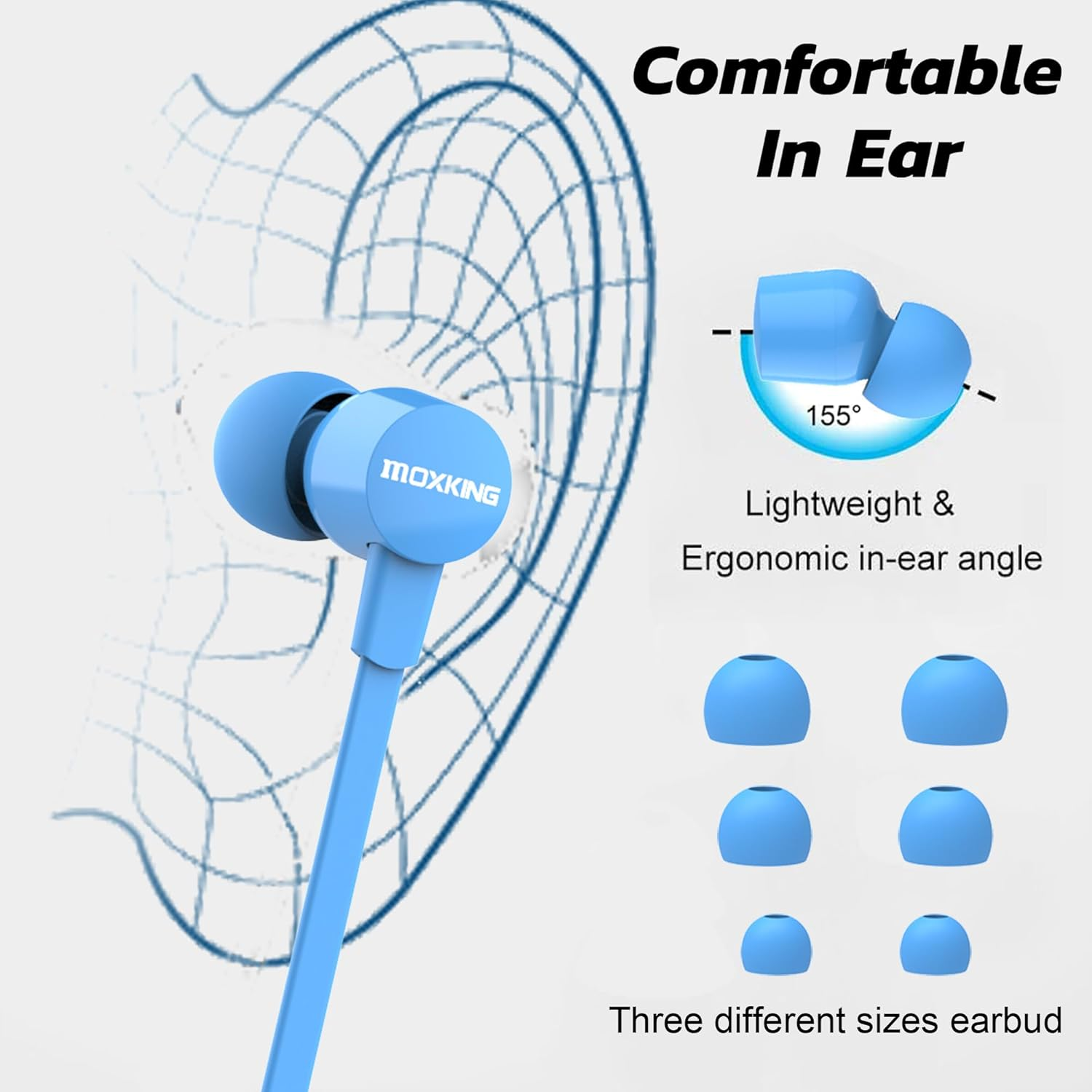 Blaue In-Ear-Kopfhörer mit ergonomischem Winkel und drei verschiedenen Ohrstöpselgrößen.