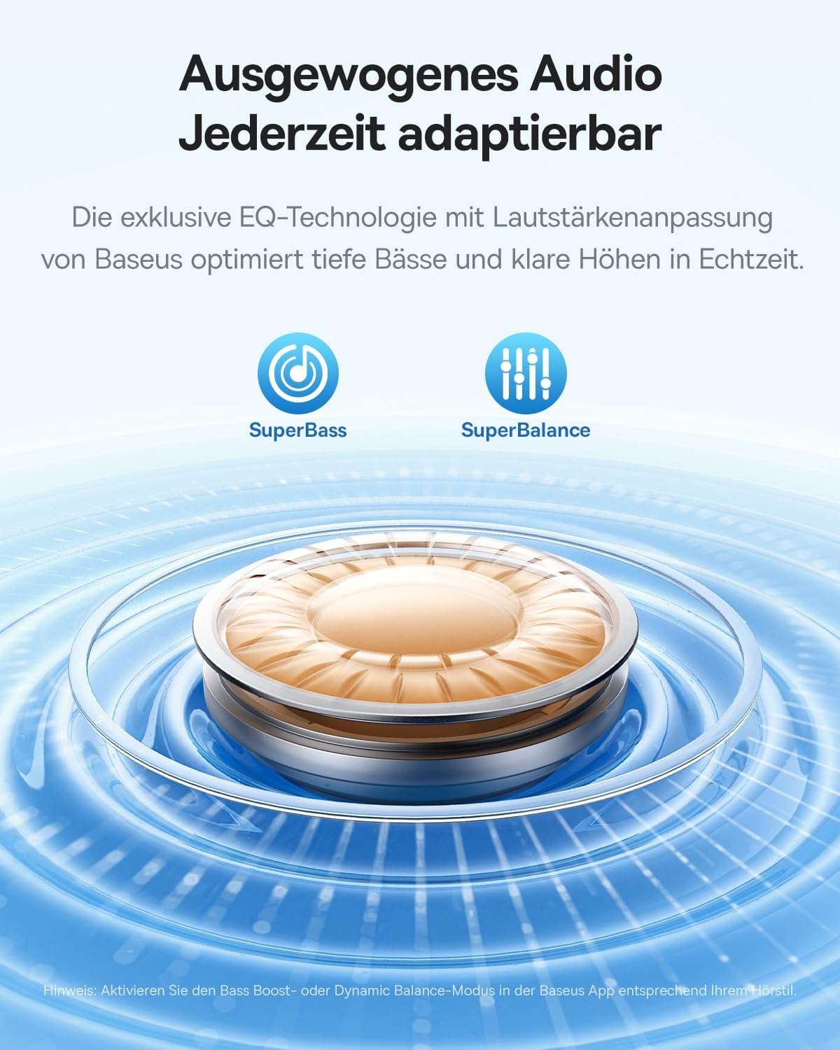 Produktgrafik zeigt Baseus EQ-Technologie mit SuperBass und SuperBalance auf blauem Hintergrund mit Audio-Wellen.