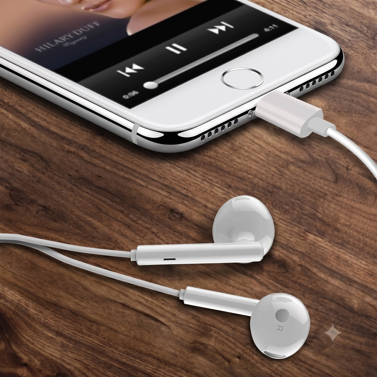 Smartphone bianco collegato ad auricolari su superficie in legno, con app musicale aperta.