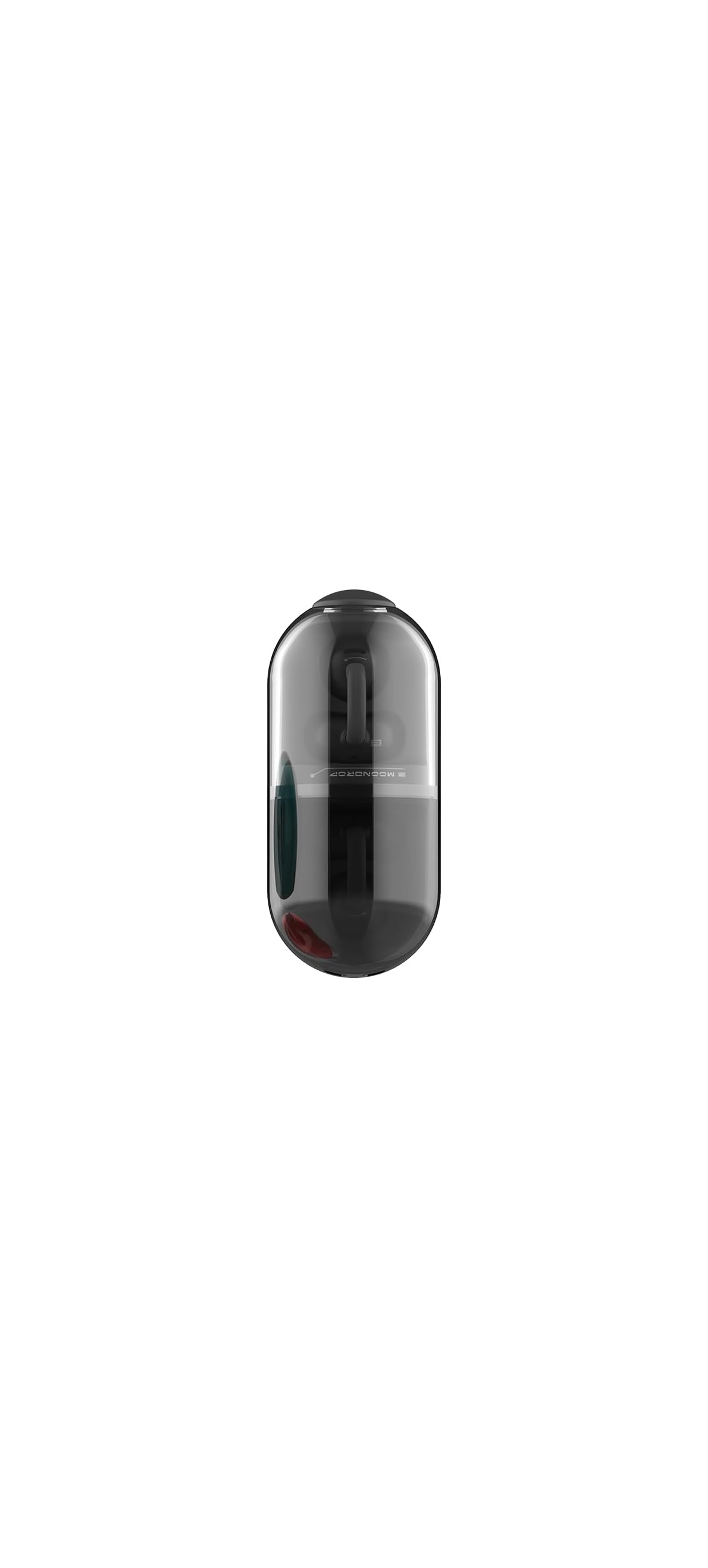 Eine schwarze, pillenförmige Ladehülle mit transparenten Abschnitten, die das Innere und Ohrhörer zeigen.