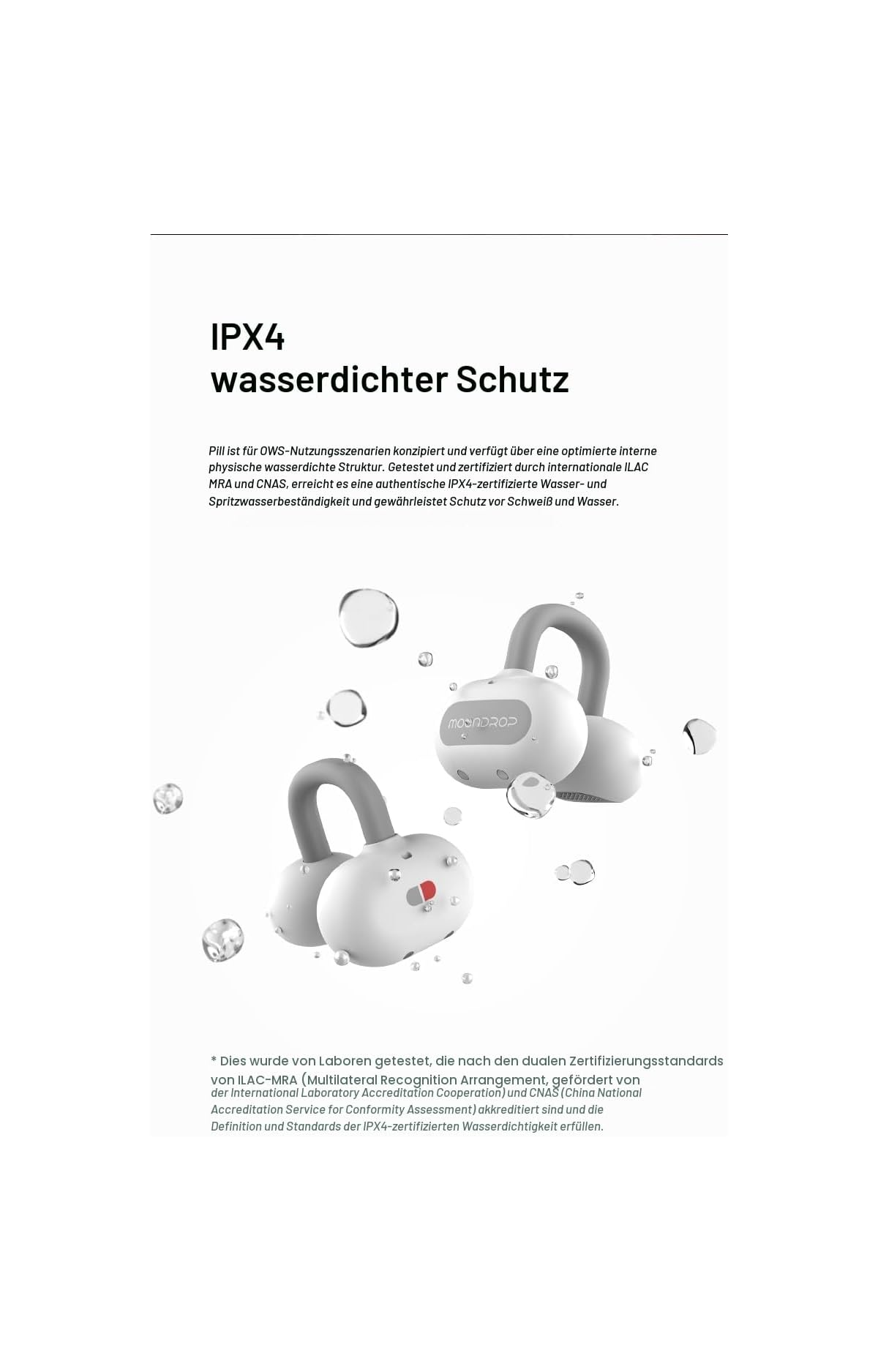 IPX4 wasserdichter Schutz für weiße kabellose Ohrhörer mit Wassertropfen.