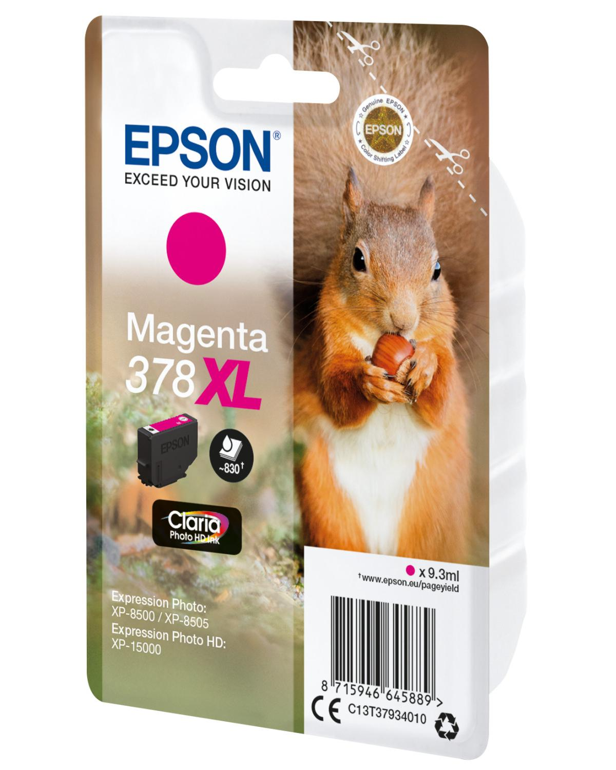Opakowanie tuszu magenta Epson 378XL z wizerunkiem wiewiórki z orzechem.