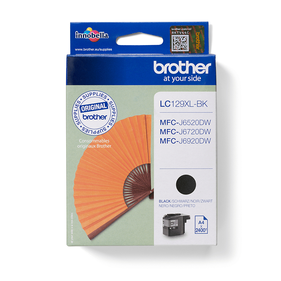 Brother LC129XL-BK Druckerpatrone in Originalverpackung mit einem orangefarbenen Fächer.