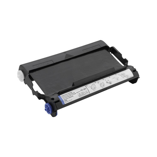 Eine schwarze Druckerfarbbandkassette mit weißen und blauen Zahnrädern auf weißem Hintergrund.