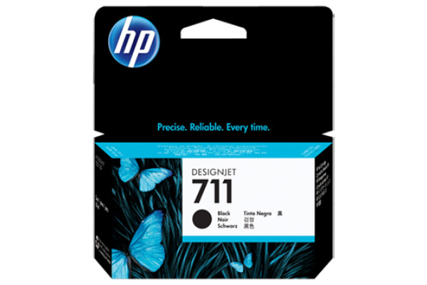Un paquete de cartucho de tinta negra HP Designjet 711 con mariposas azules sobre follaje oscuro y el logotipo de HP.