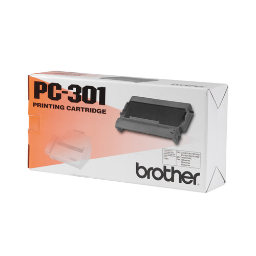 Eine weiße und orangefarbene Schachtel einer Brother PC-301 Druckerpatrone.