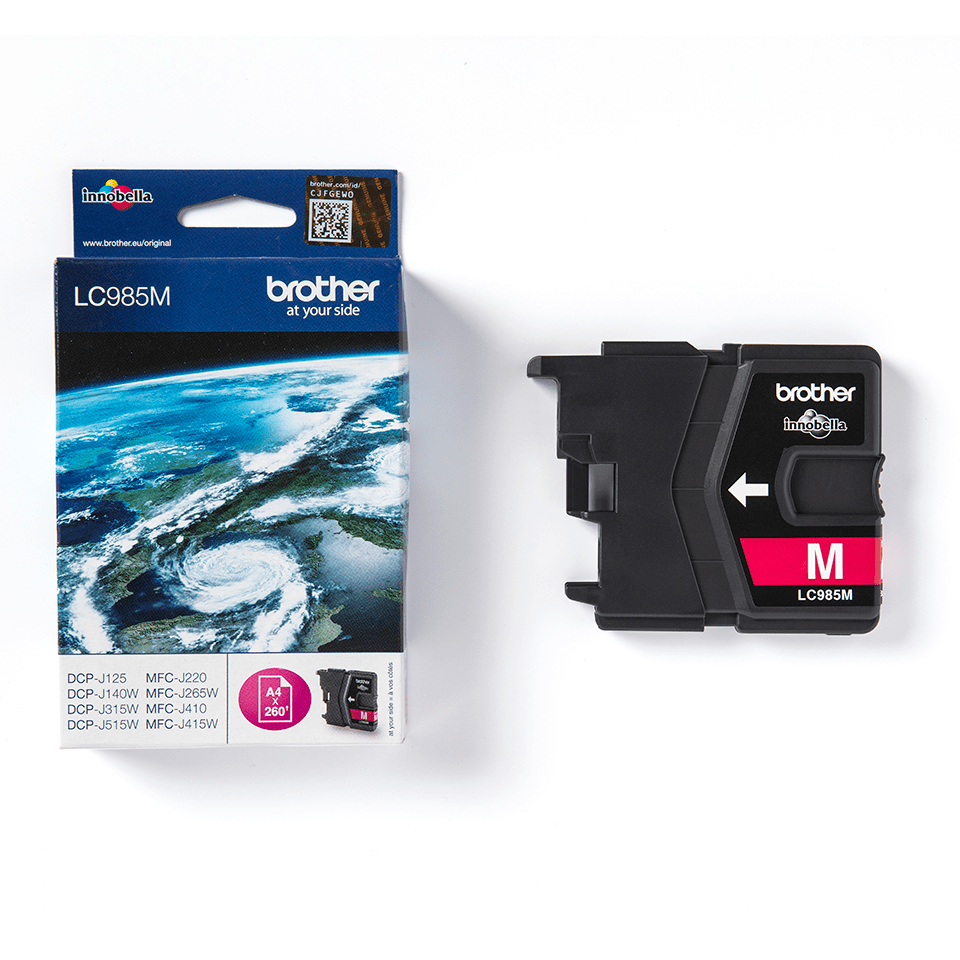 Cartuccia d'inchiostro magenta Brother LC985M con scatola su sfondo bianco.