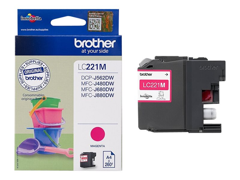 Brother LC221M Magenta-Tintenpatrone und ihre blau-weiße Originalverpackung auf weißem Hintergrund.