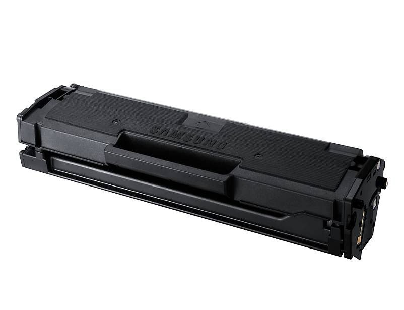 Una cartuccia toner laser Samsung nera su sfondo bianco.