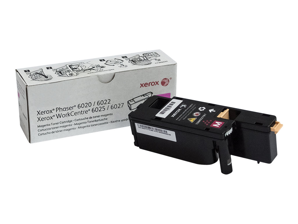 Siyah bir Xerox macenta toner kartuşu, beyaz bir arka planda gri orijinal ambalajının önünde duruyor.