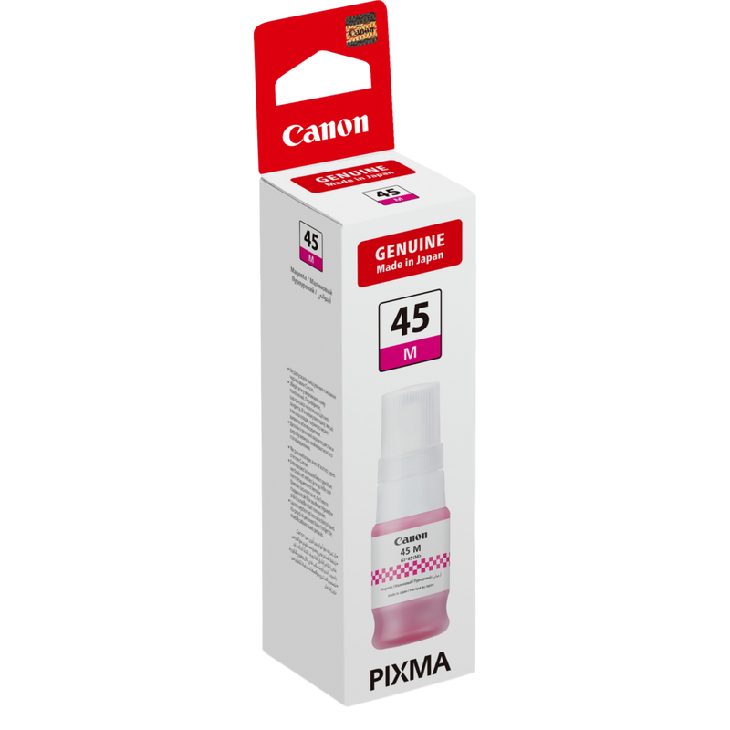 Una botella de tinta magenta Canon Pixma 45 M blanca en su caja.