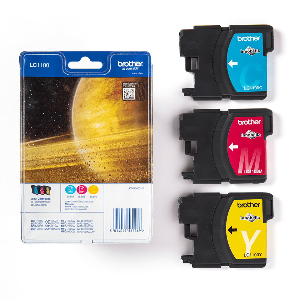 Cartucce d'inchiostro Brother LC1100 ciano, magenta e giallo con la confezione.