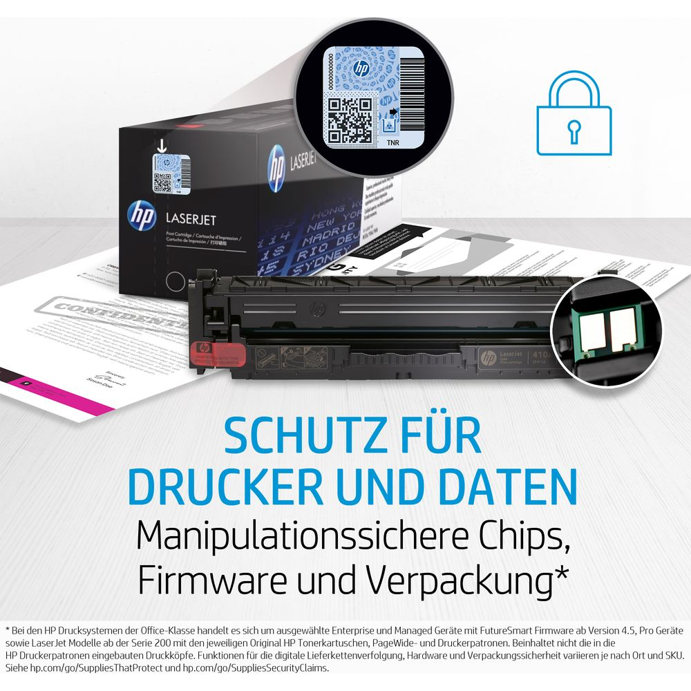 Yazıcı koruması için doğrulama etiketli ve güvenli çipli HP toner ve ambalajı.