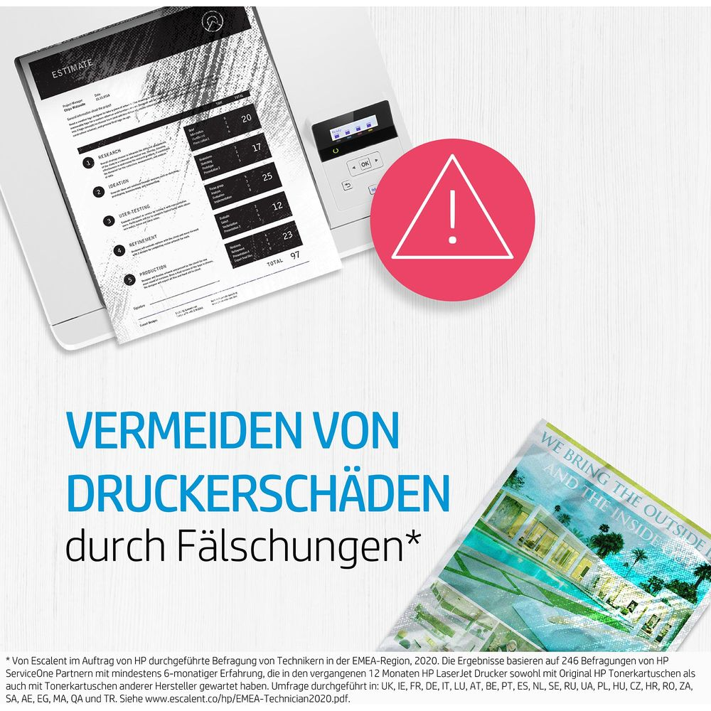 A printer with documents, a red warning icon, and blue German text about avoiding printer damage.