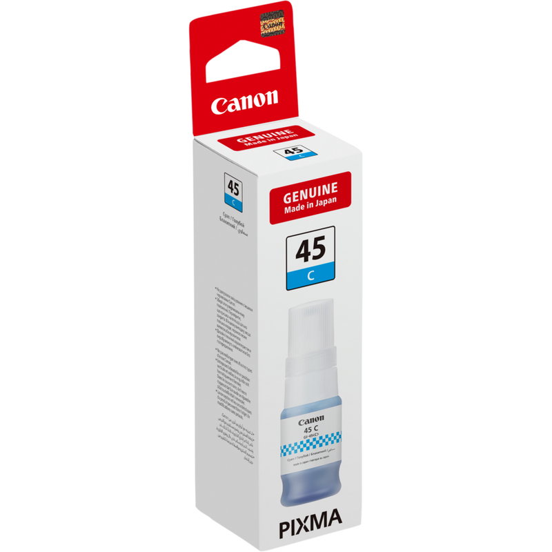Una botella de tinta Canon Pixma en su envase original blanco y rojo etiquetado como 45 Cian.