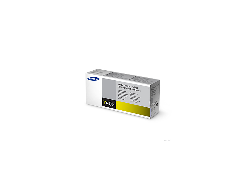 Una scatola di toner giallo Samsung su sfondo bianco.