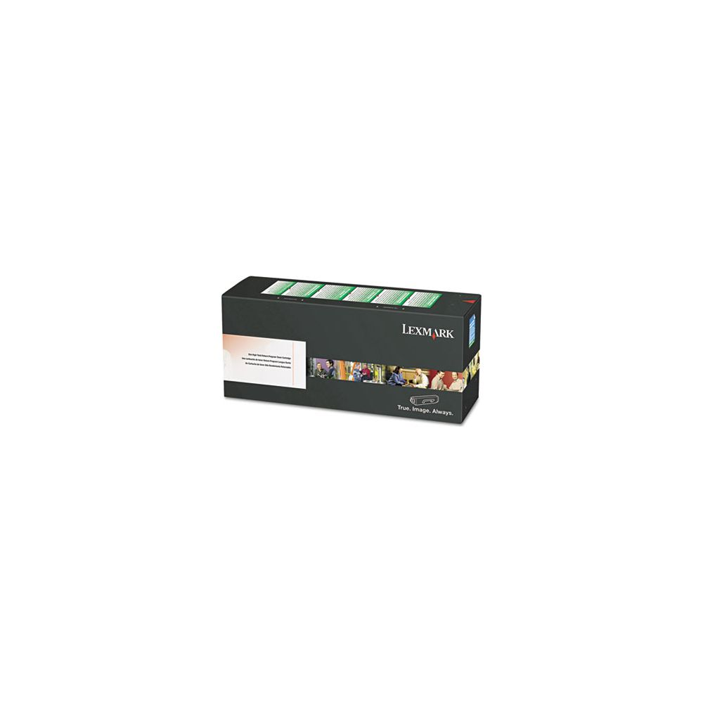 Eine schwarze Lexmark Tonerkartonverpackung mit weißer Aufschrift und einem Fotostreifen auf der Vorderseite.