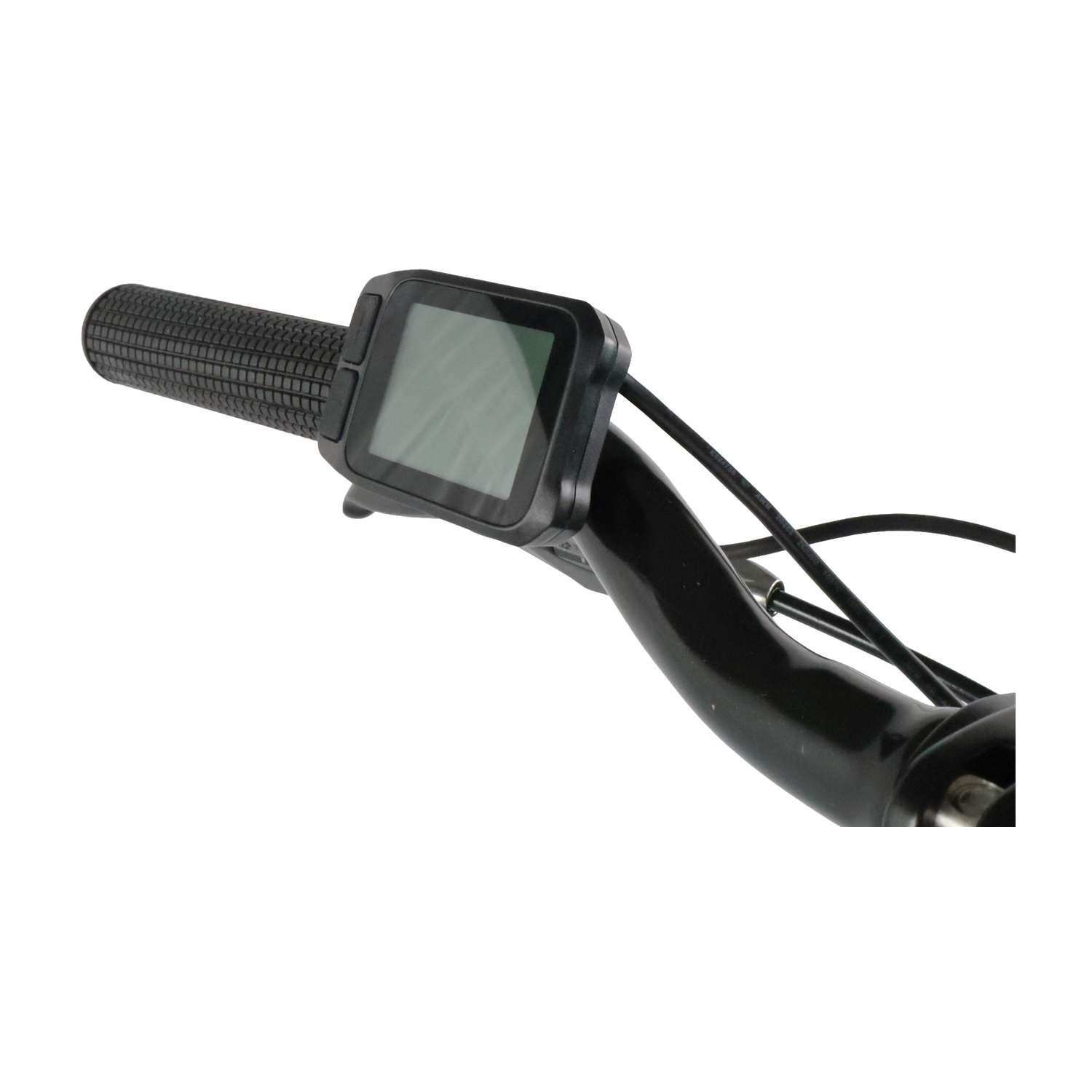 Manubrio per e-bike nero con display integrato e cavi su sfondo bianco.