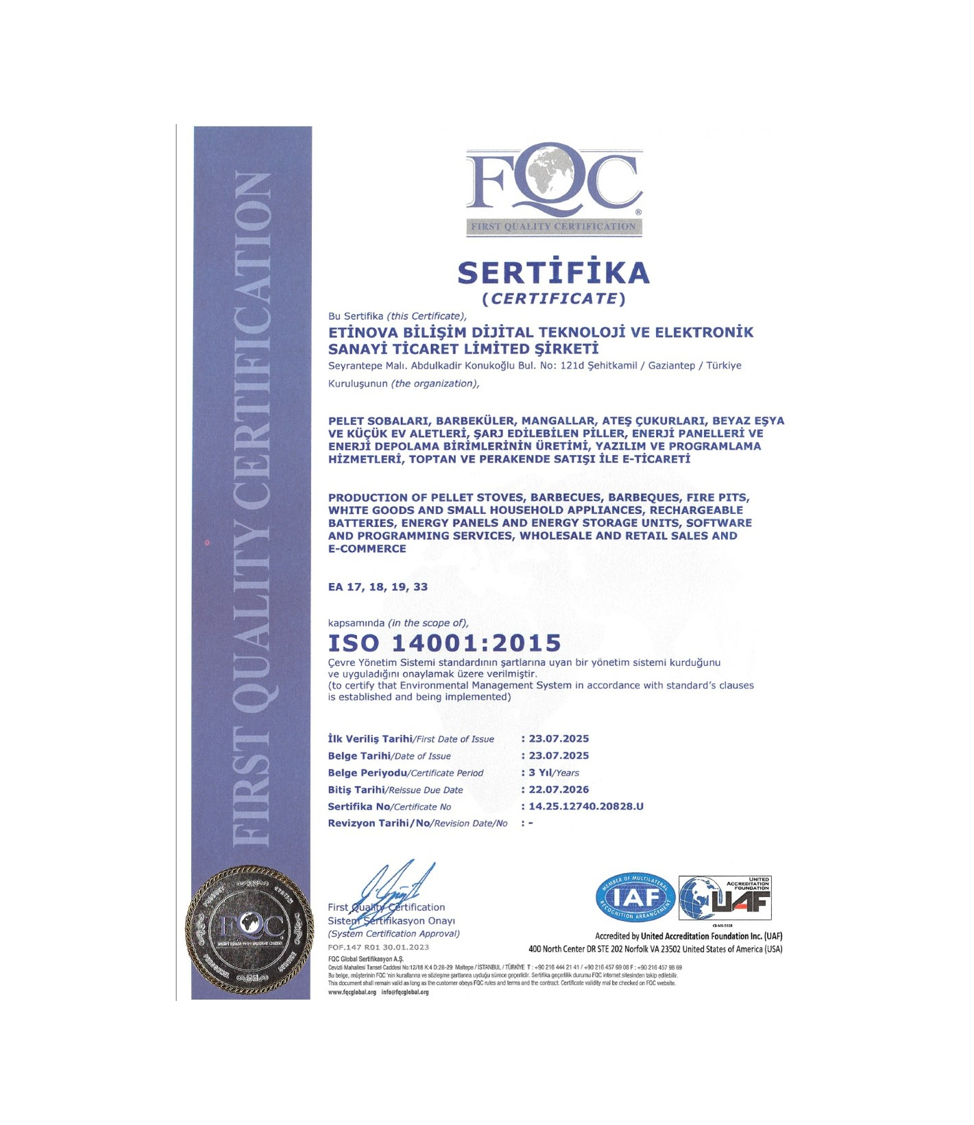 Logo, metin, tarih ve mühürler içeren Türk firmasına ait ISO 14001:2015 sertifikası.