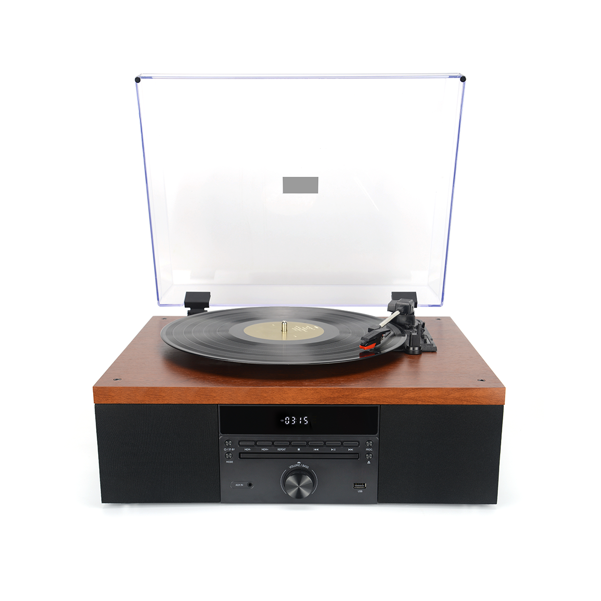 Un giradischi in legno con un disco in vinile nero, coperchio trasparente sollevato e altoparlanti frontali.