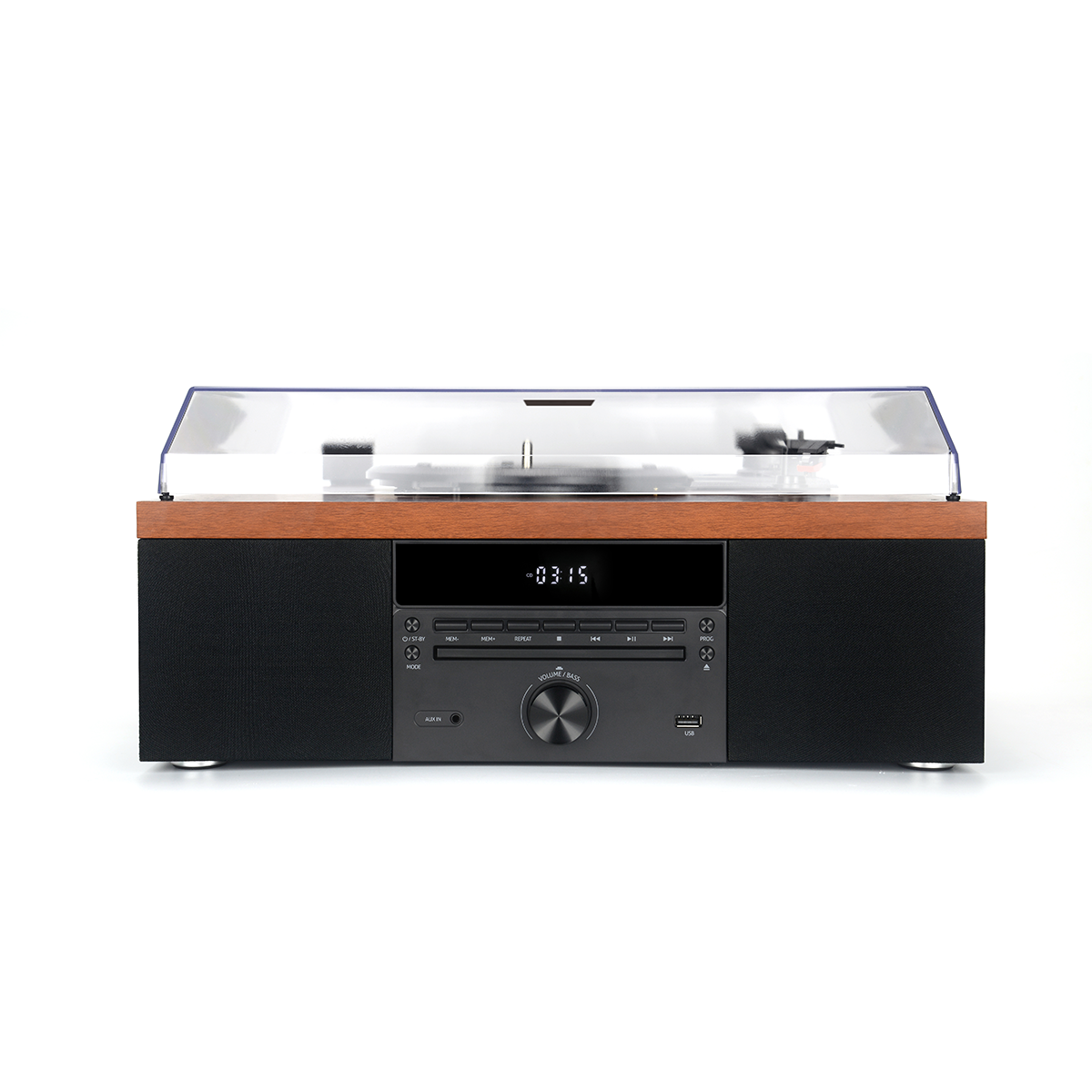 Giradischi moderno in legno con altoparlanti frontali, display digitale e coperchio antipolvere trasparente.