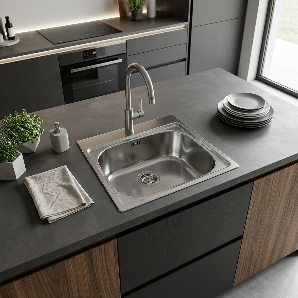 Moderna isola cucina con lavello, rubinetto, piatti impilati, piante in vaso e un canovaccio sul piano di lavoro grigio.