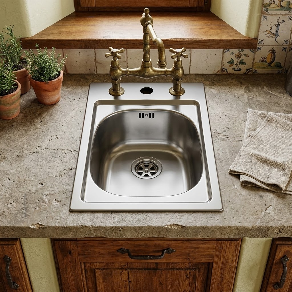 Lavello in acciaio inox con rubinetto in ottone vintage su piano in pietra, con asciugamano piegato.