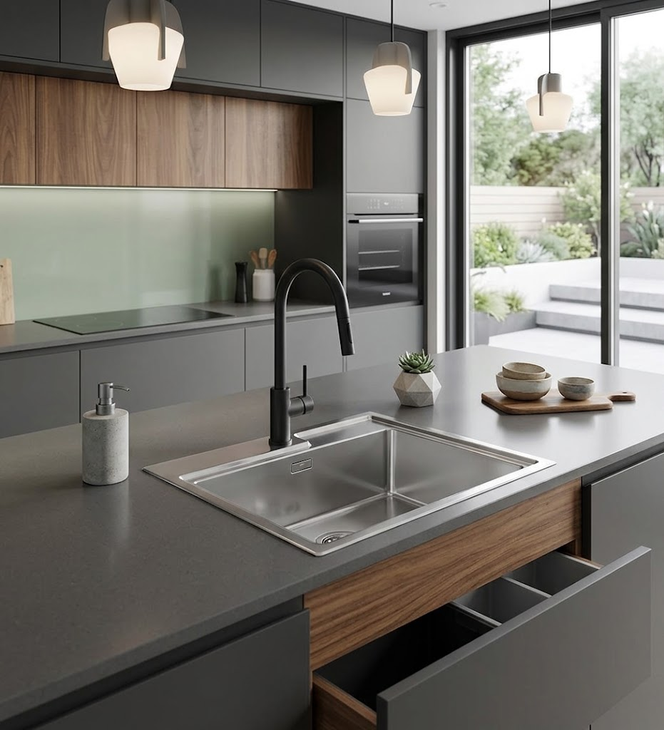 Una cucina moderna con piano di lavoro grigio, lavello in acciaio, rubinetto nero e dettagli in legno davanti a una grande finestra.
