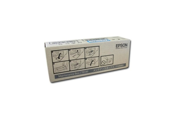 Epson Wartungsbox T6190 Pappkarton mit Anleitungsdiagrammen und Epson-Logo auf weißem Hintergrund.