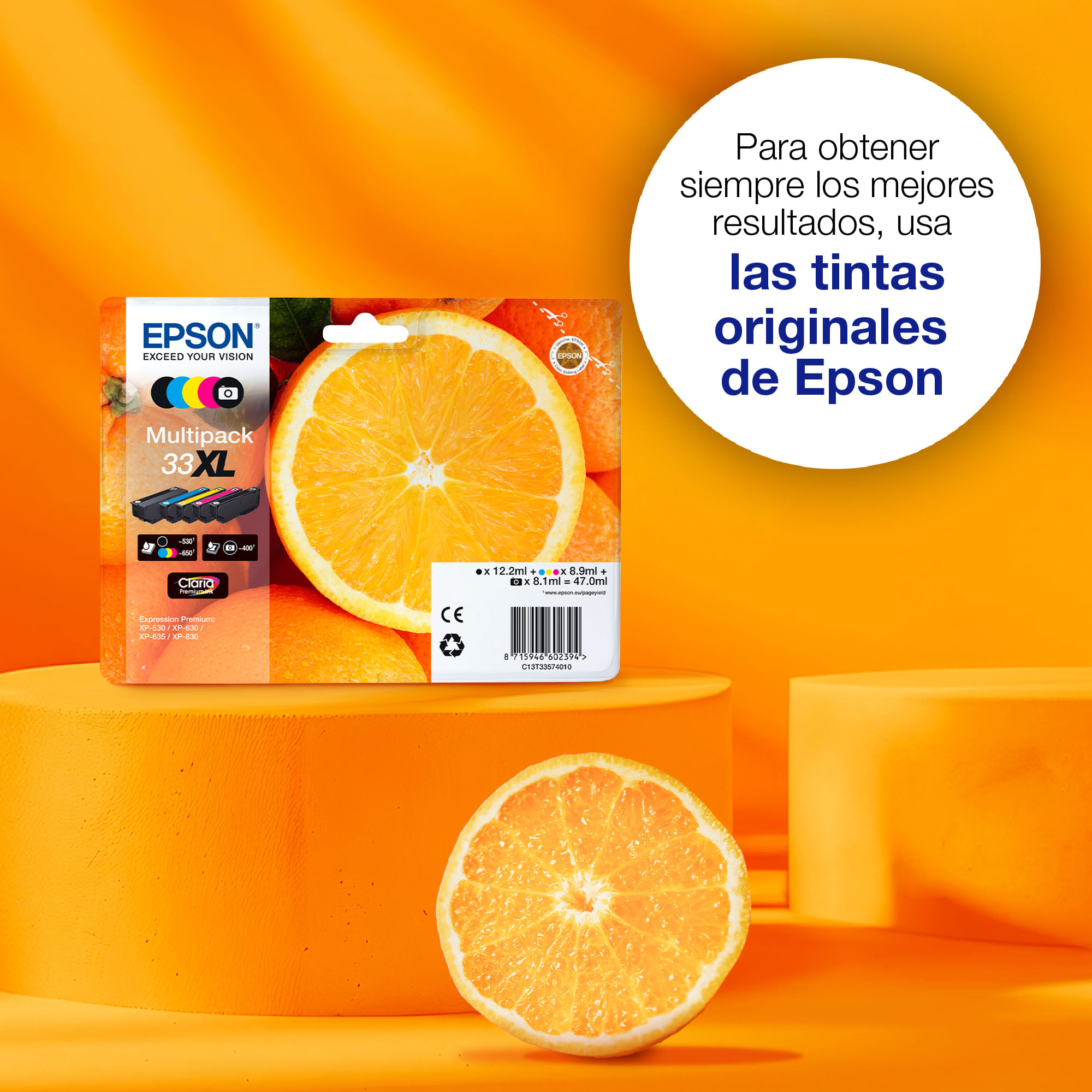 Epson Multipack 33XL Tintenpatronen vor einem orangefarbenen Hintergrund mit frischen Orangen.