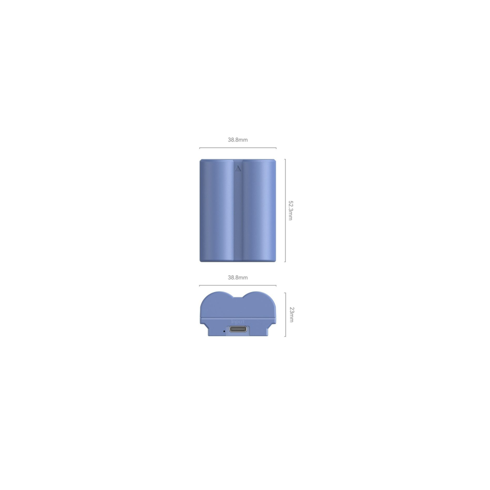 Disegno tecnico di una custodia per doppia batteria blu con dimensioni e porta USB-C.