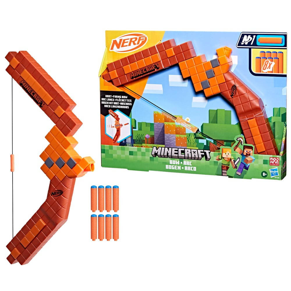 Arco de dardos Nerf Minecraft estilo bloque con ocho dardos naranjas y su caja.