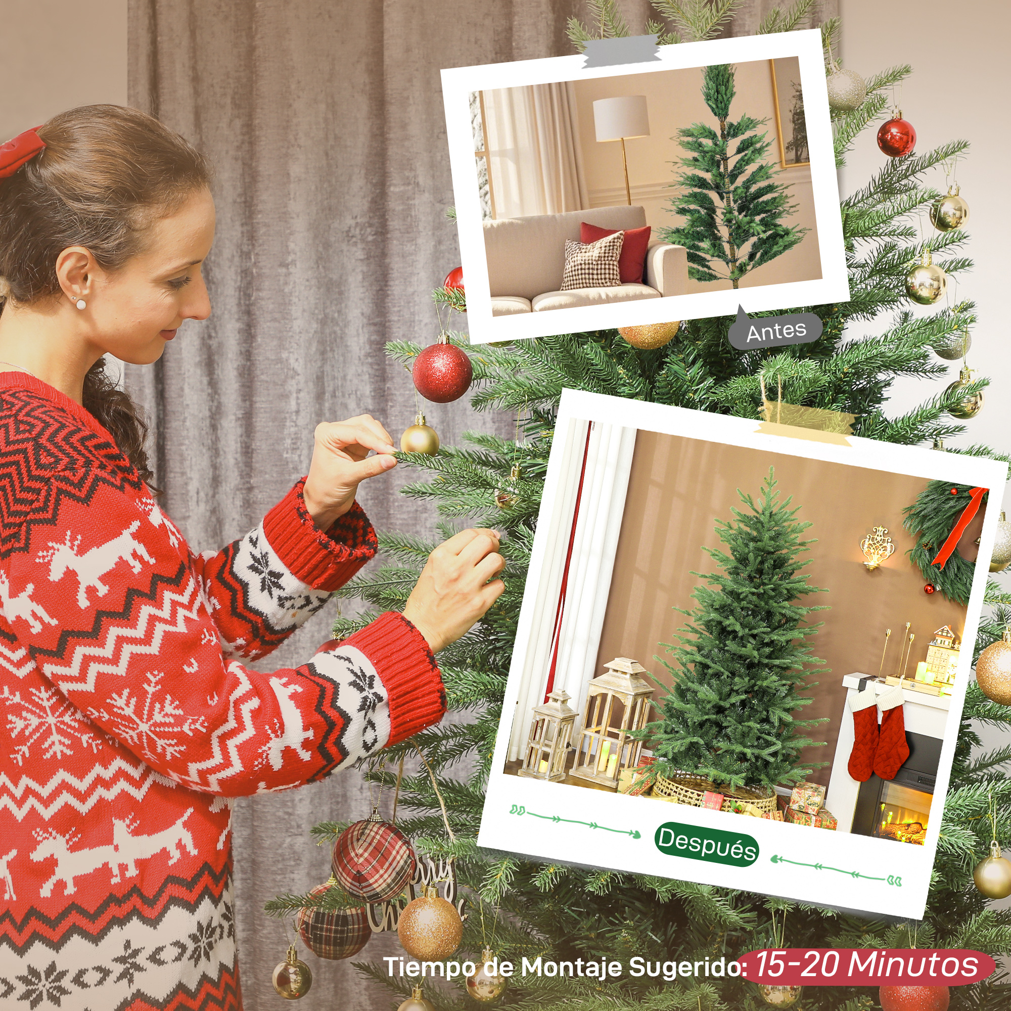 Una mujer con jersey navideño decora un árbol, con fotos de antes y después.
