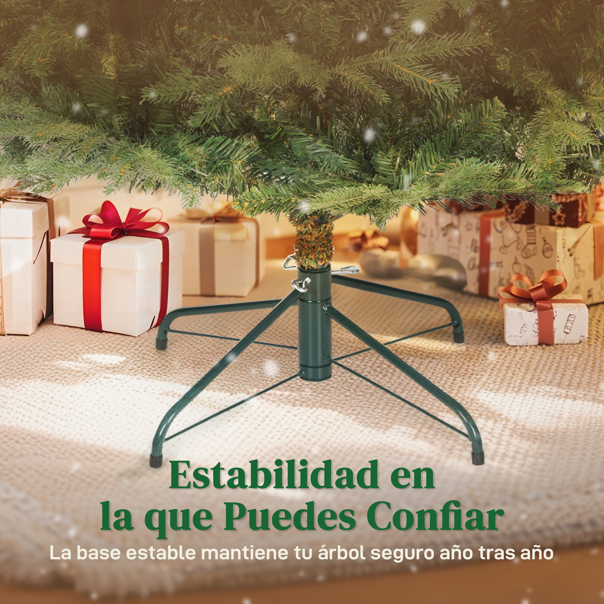 Soporte de metal verde para árbol de Navidad con regalos al fondo.