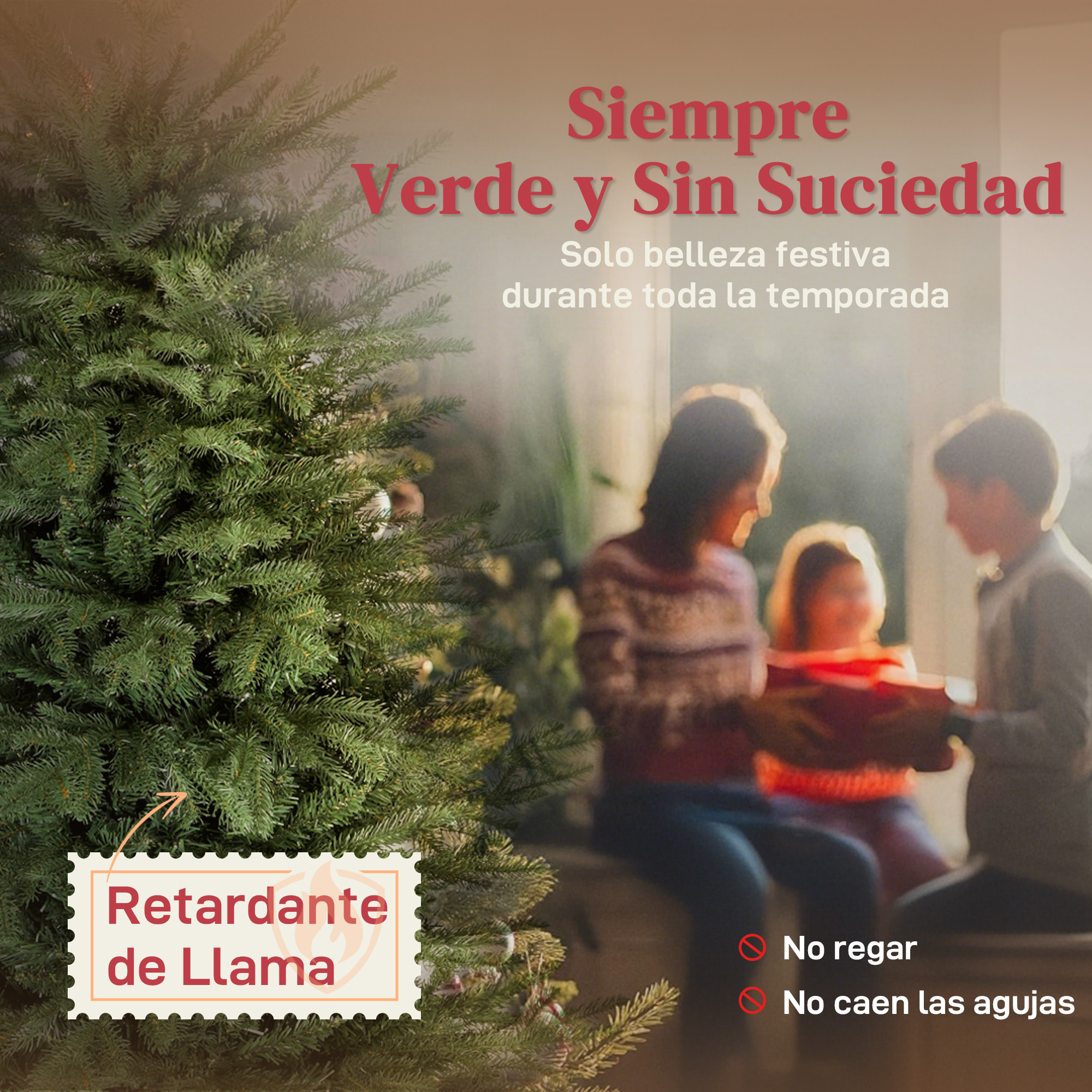 Un árbol de Navidad artificial frente a una familia borrosa con un regalo en una habitación soleada.