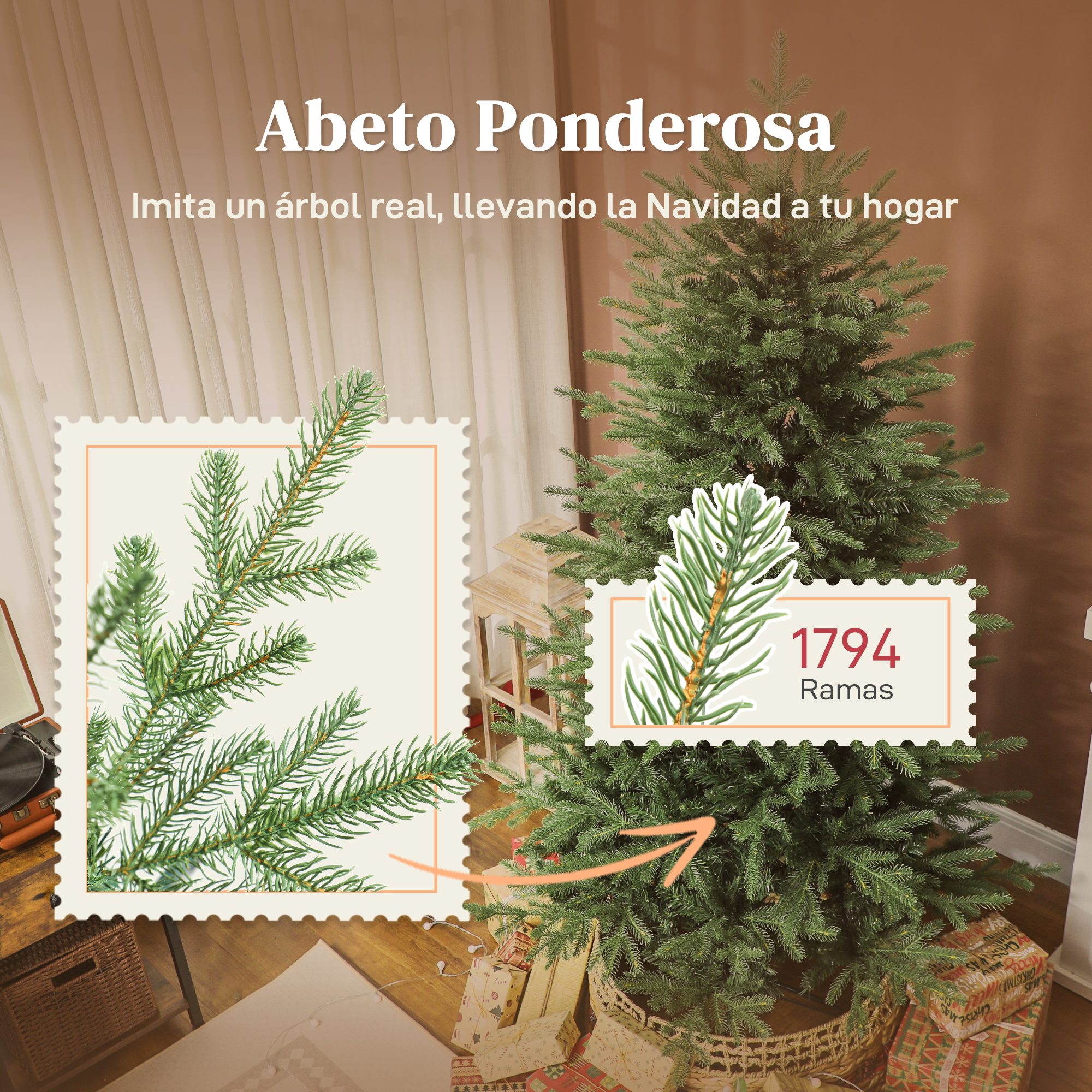 Árbol de Navidad artificial Ponderosa con 1794 ramas, colocado en una sala.