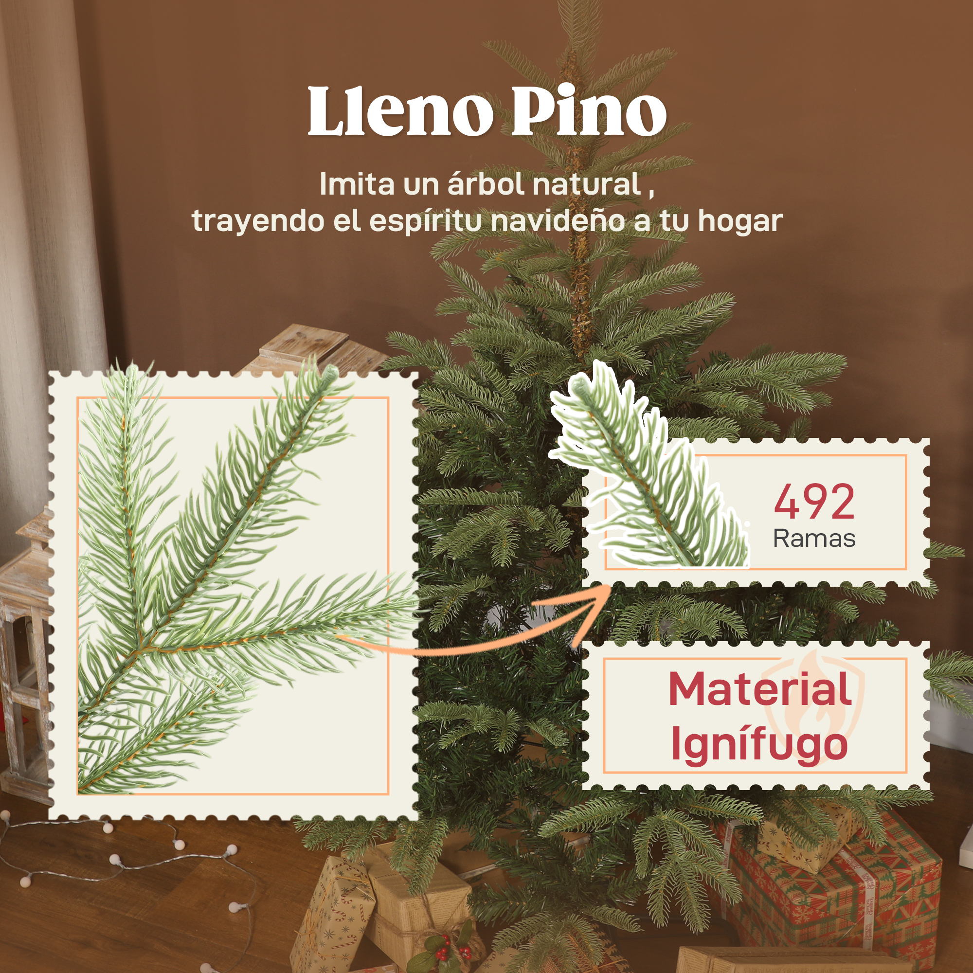 Un árbol de Navidad artificial con cajas de regalo y gráficos detallados de las ramas.