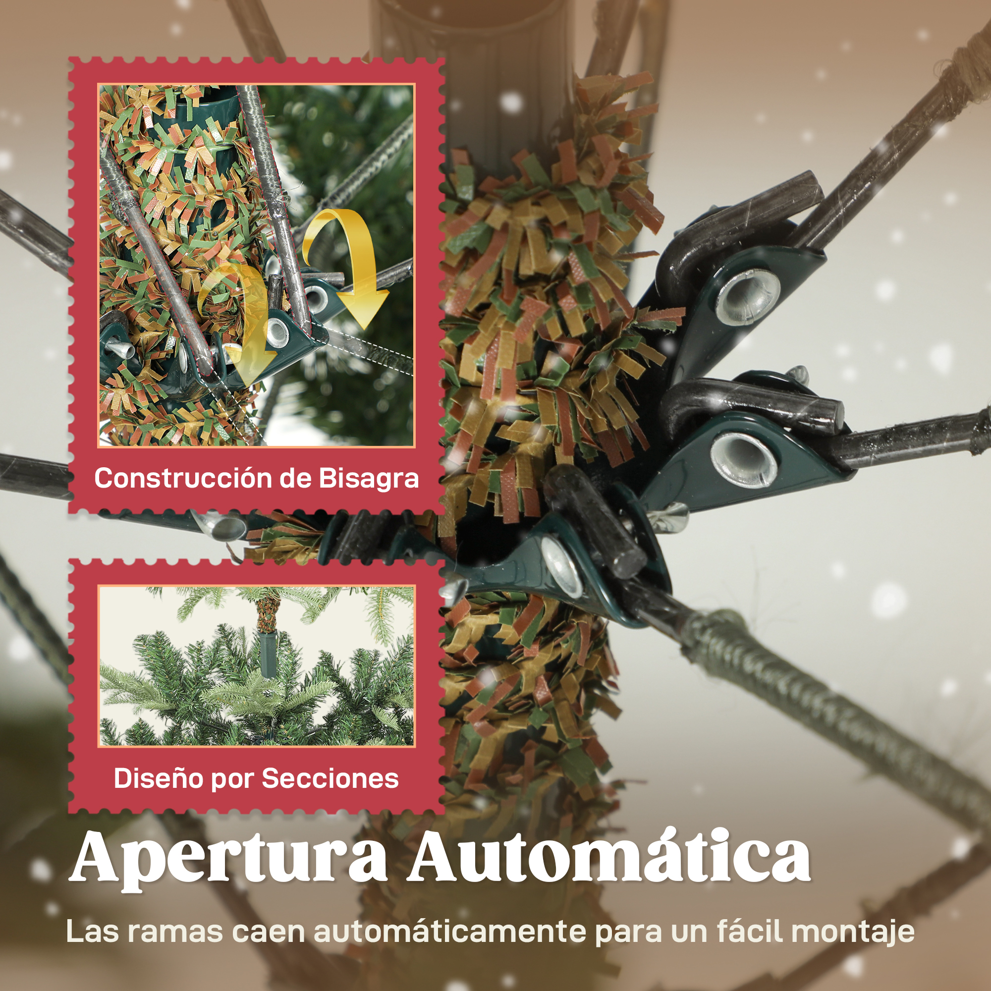 Primer plano de ramas de árbol de navidad artificial con mecanismo de apertura automática.