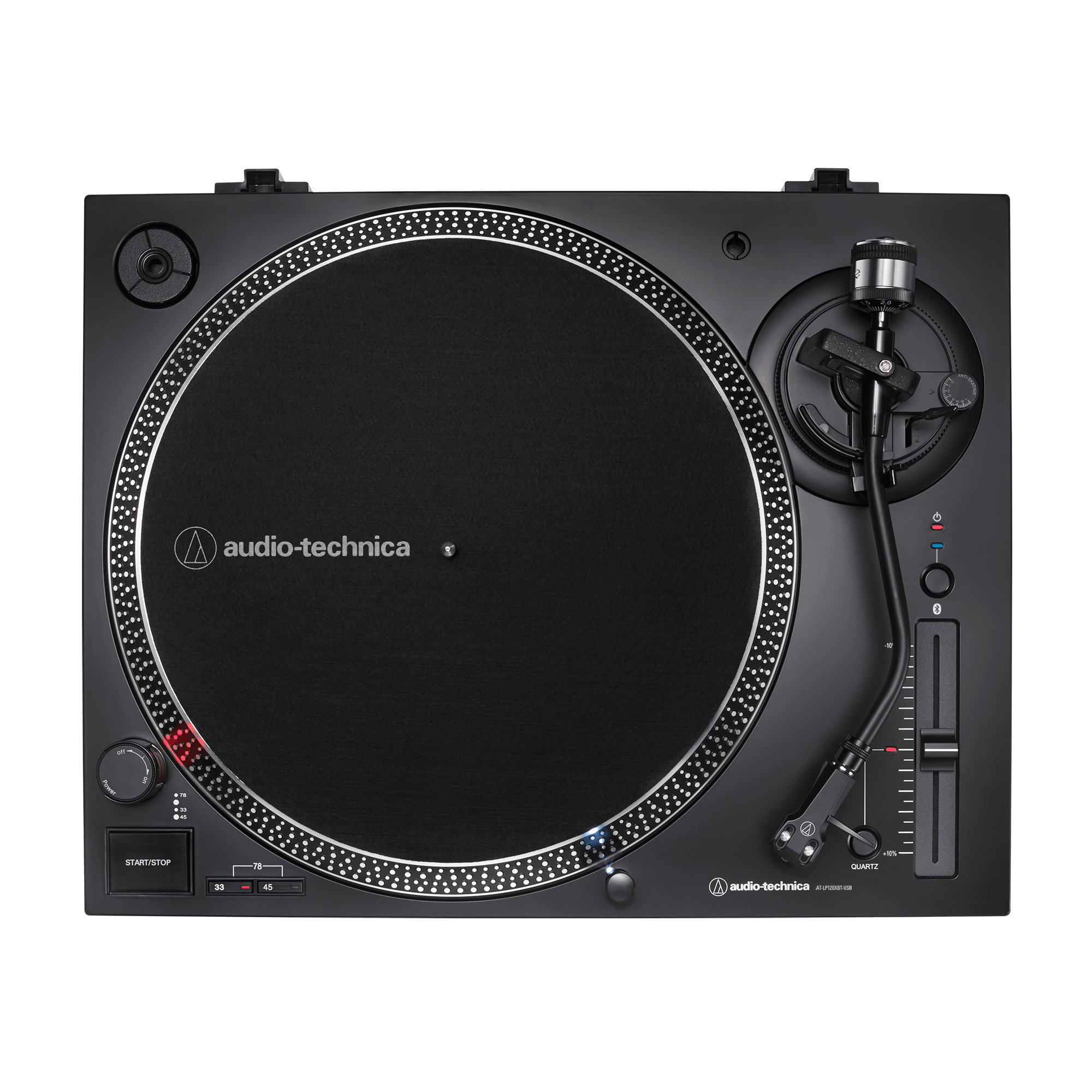 Vista dall'alto di un giradischi nero Audio-Technica con braccio e cursore del pitch.