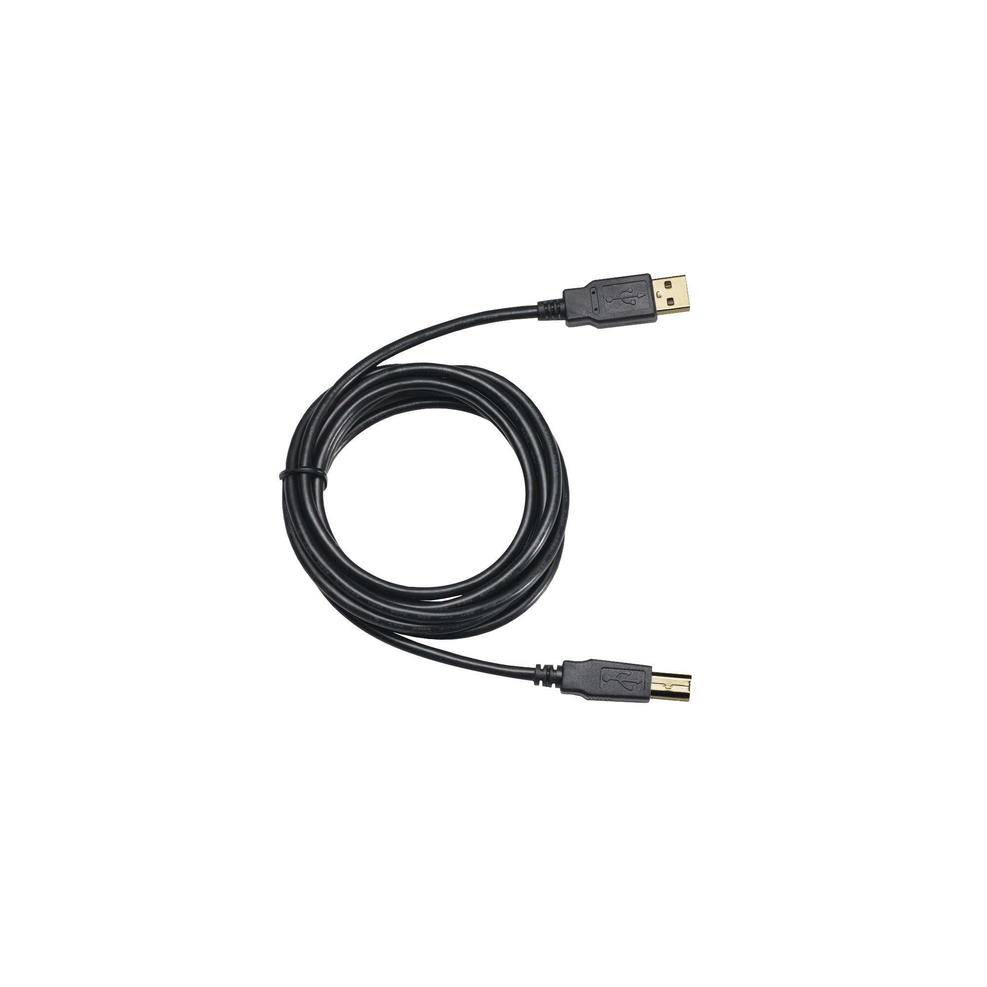 Un cavo USB nero arrotolato con connettori su entrambi le estremità su sfondo bianco.