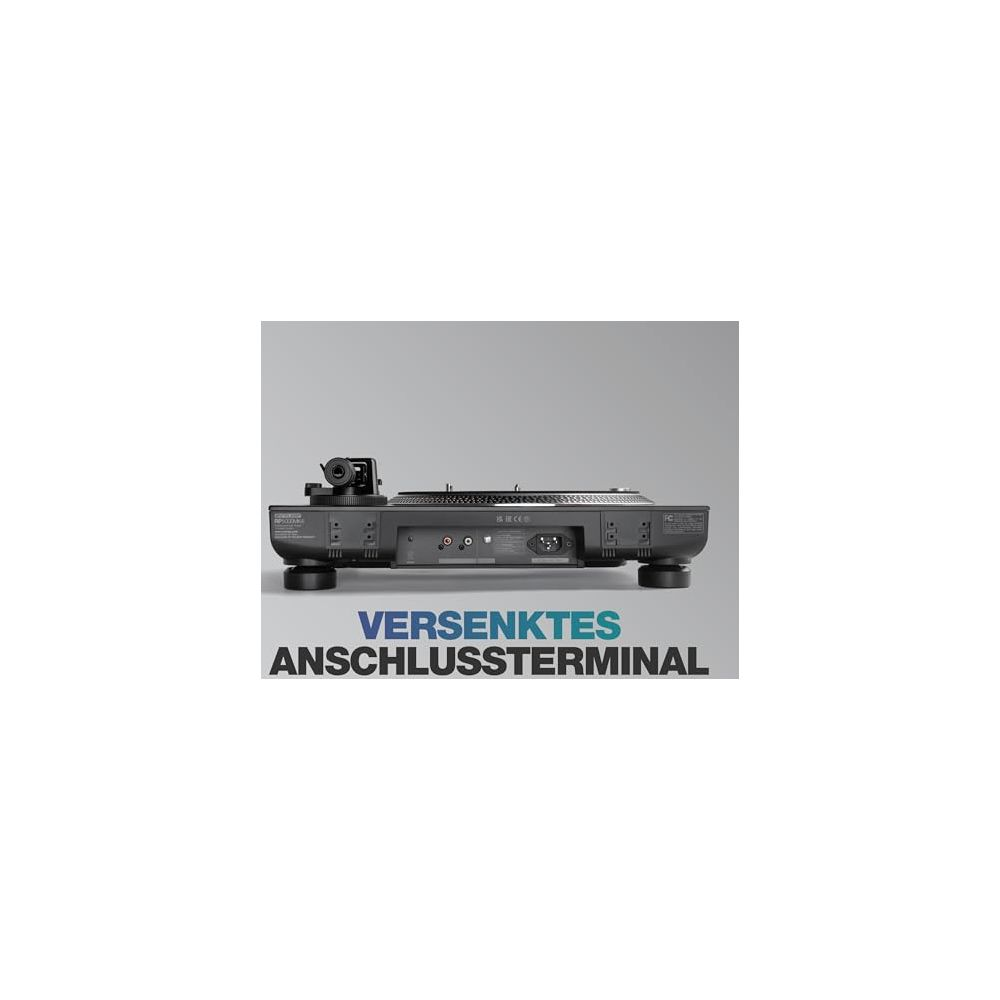 Vista posteriore di un giradischi che mostra il terminale di connessione incassato.