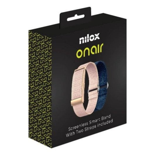 Pembe ve mavi iki kumaş kayış görselinin yer aldığı siyah Nilox Onair ambalajı.