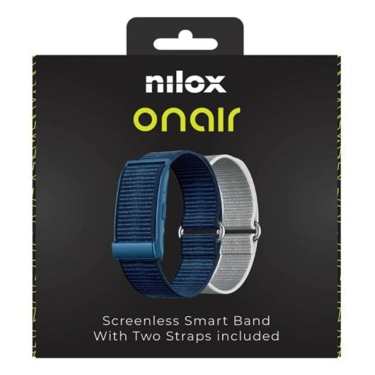 Smart band senza schermo Nilox onair in confezione con cinturini in tessuto blu e grigio.