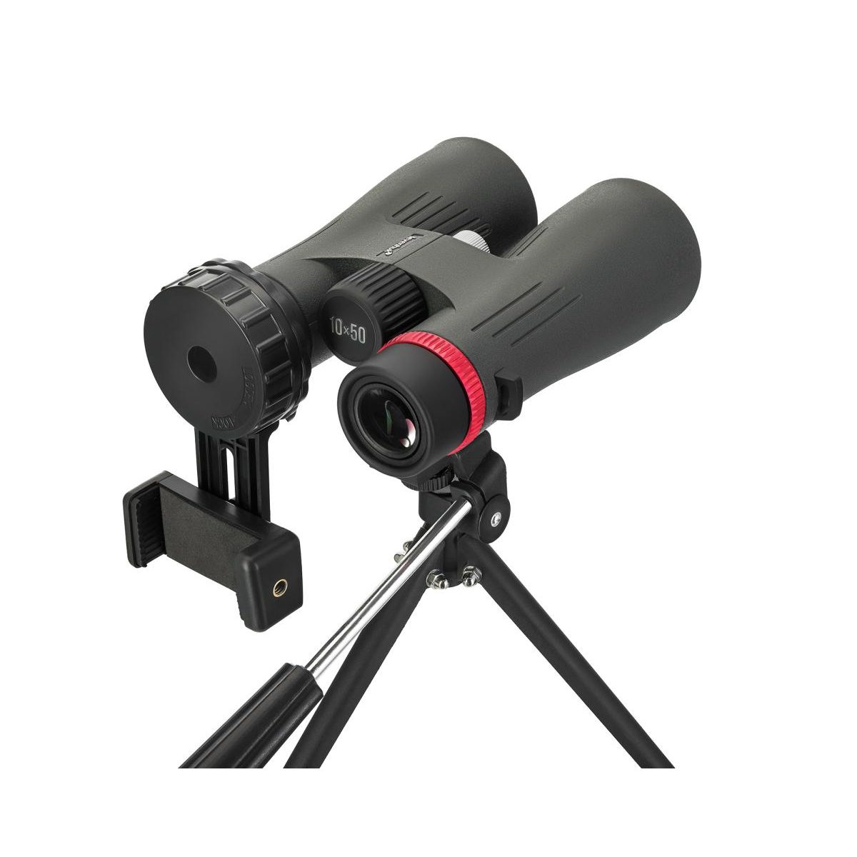 Schwarze 10x50 Fernglas auf einem kleinen Stativ mit Smartphone-Adapter.