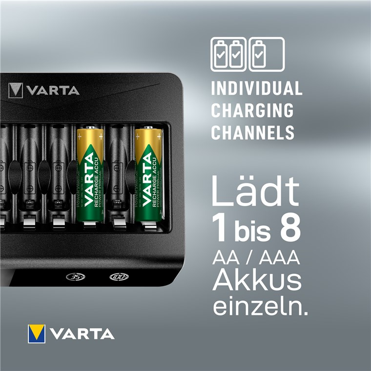 Un cargador Varta negro con dos baterías recargables verde y amarilla y texto sobre canales individuales.