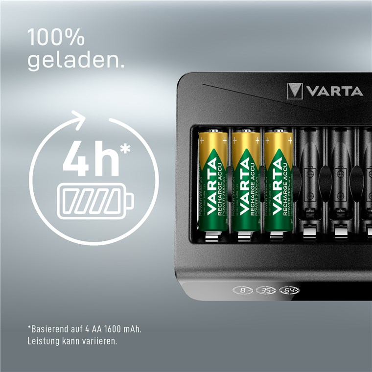 Cargador de pilas Varta con tres pilas verdes recargables sobre fondo gris con texto.