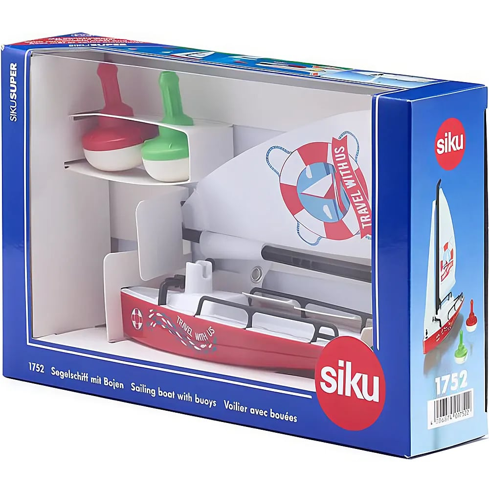 Eine Siku-Spielzeugverpackung zeigt ein rot-weißes Spielzeugsegelboot mit zwei kleinen Bojen in einer blauen Schachtel.