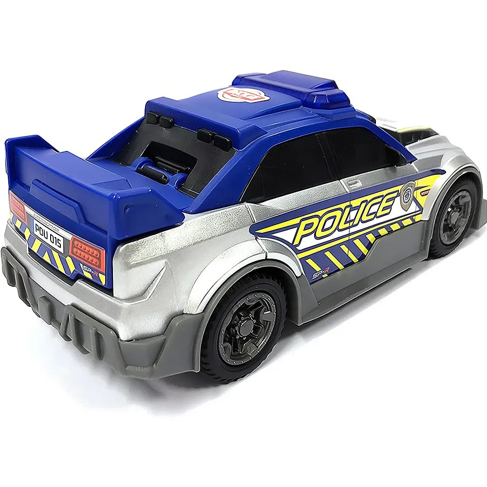Une voiture de police jouet bleue, argentée et noire avec des accents jaunes, un aileron et le mot police.